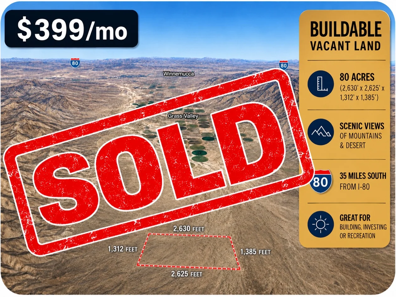 Aerial view of the 80-acre parcel with boundary outline near Winnemucca, Nevada